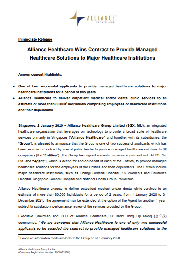 Alliance Healthcare Wins Contract to Provide Managed Healthcare Solutions to Major Healthcare Institutions