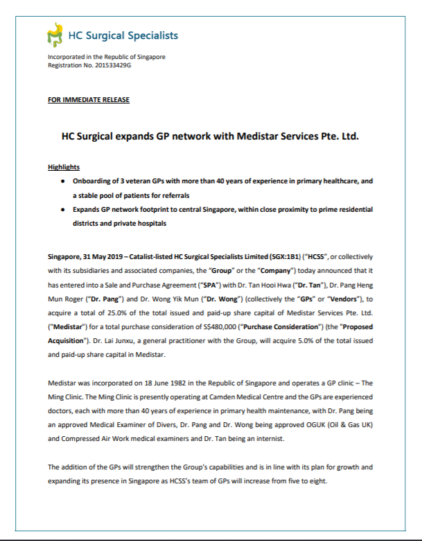 HC Surgical expands GP network with Medistar Services Pte. Ltd.