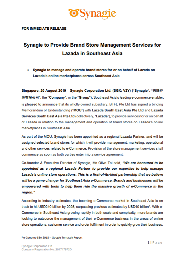Synagie to Provide Brand Store Management Services for Lazada in Southeast Asia