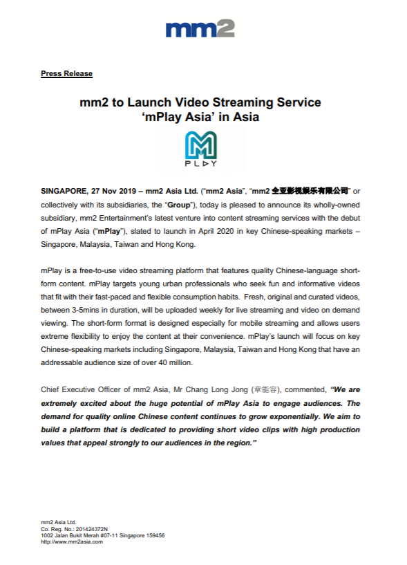 mm2 to Launch Video Streaming Service ‘mPlay Asia’ in Asia
