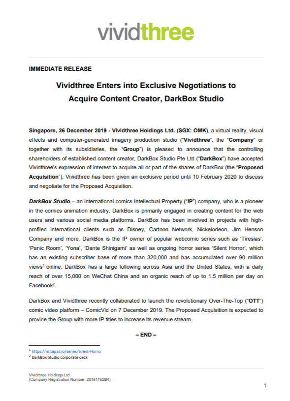 Vividthree Enters into Exclusive Negotiations to Acquire Content Creator, DarkBox Studio